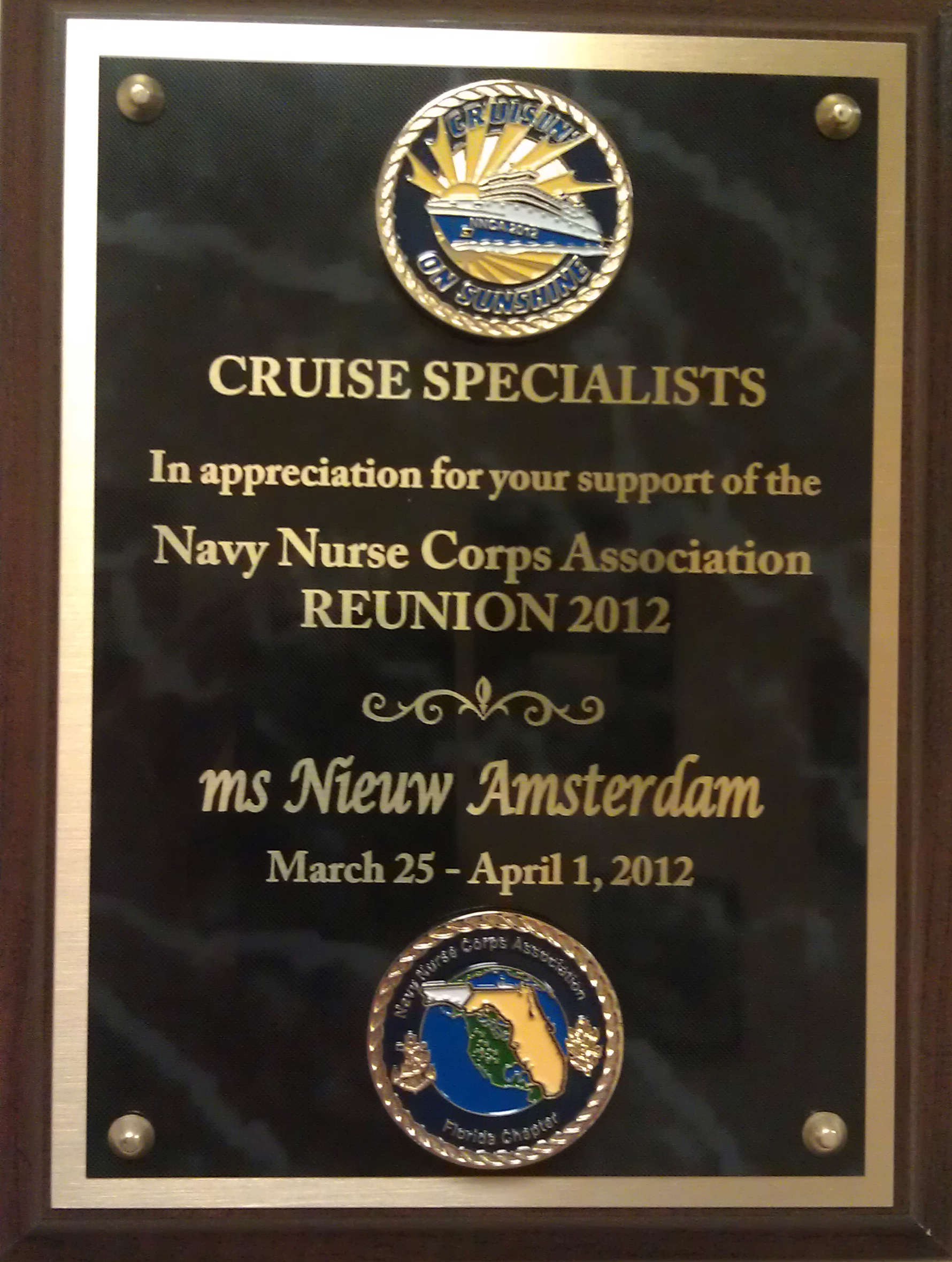 Plaque thanking Cruise Specialists team