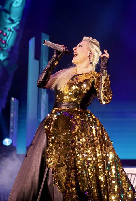 singer in glittery gown