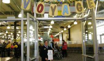 decorated cruise port with bon voyage sign