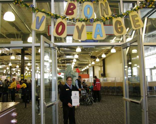 decorated cruise port with bon voyage sign
