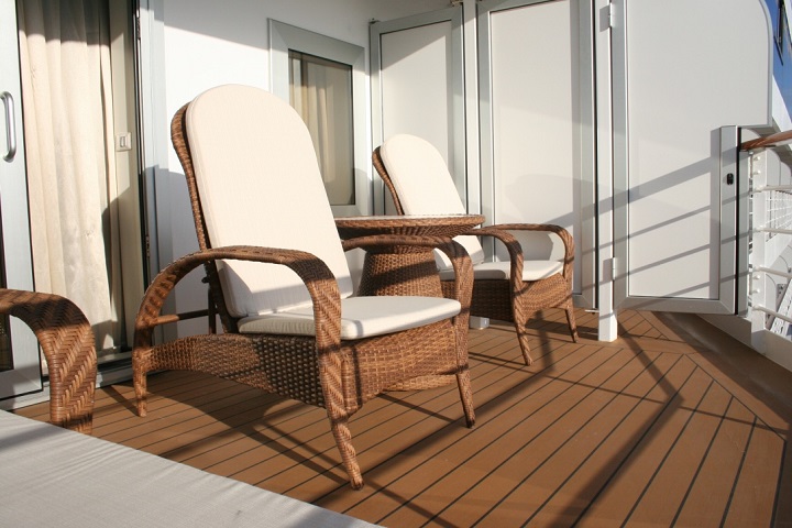 cruise ship veranda with deck chairs
