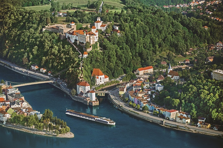 aerial view of river ship in Europe