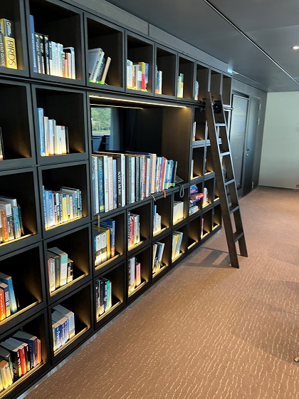 library on board with wall of books and step ladder