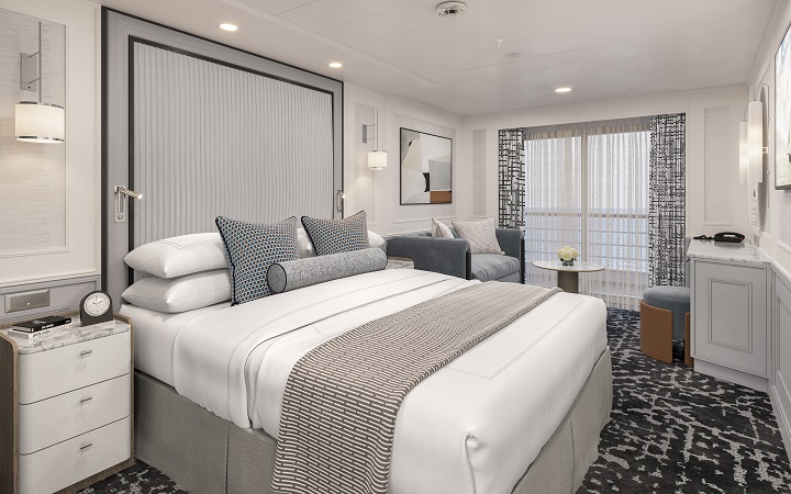 stateroom decorated in muted gray tones
