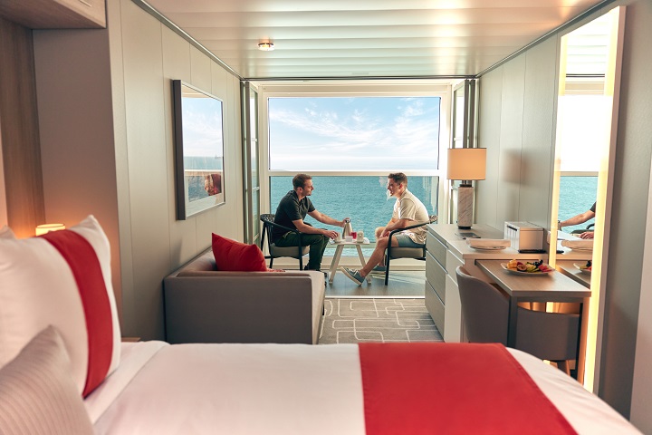 stateroom with view of expanded balcony area